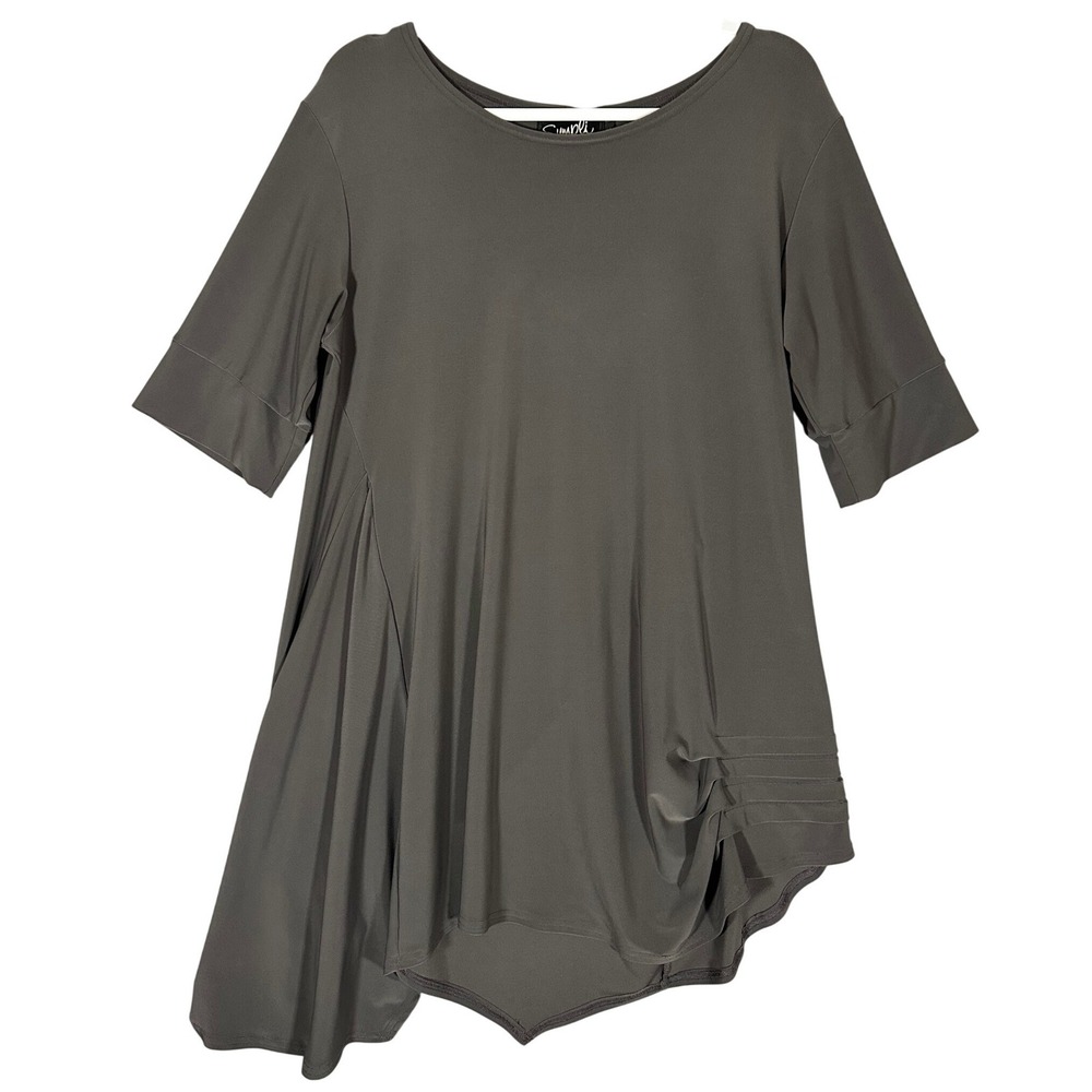 SYMPLI Tunic Top Sz 14 Grey Asymmetric Hem Pleated Half Sleeve Lagenlook Canada